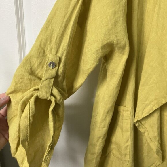 Lea Rigoli Linen Cardigan Womens 1x Chartreuse Yellow Open Front Waterfall - Picture 2 of 8